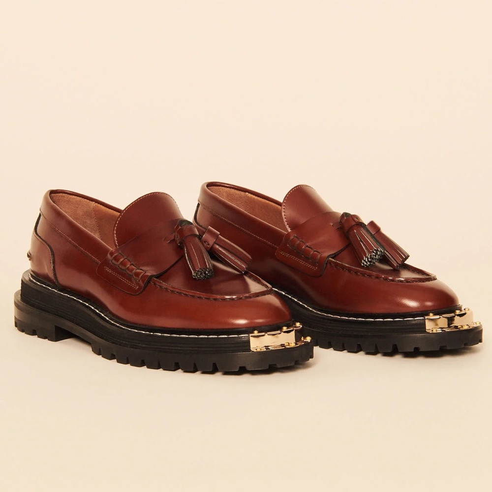 Sandro Brown Leather Tassel Loafers with Black Lug Sole